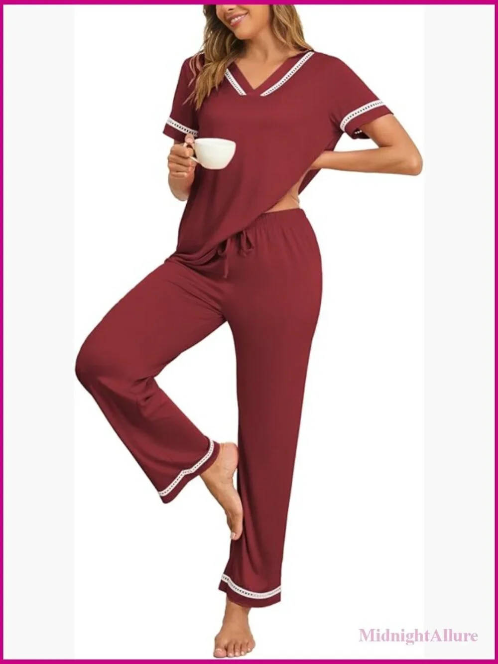 V-Neck Lace Pajama Set with Pockets, Short Sleeve & Wide Leg Pants, Sleepwear